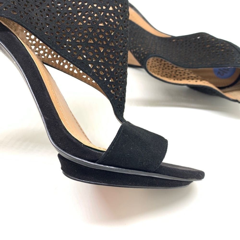 BCBGeneration Kadia Black Sz 7.5 Suede Lattice Stiletto Open Toe Zip Closure - Picture 7 of 13